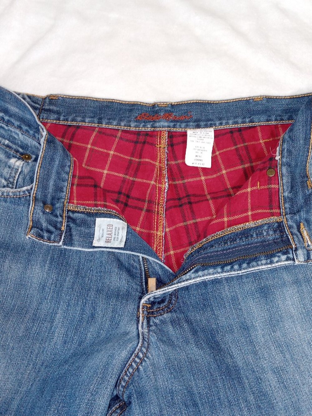 Eddie Bauer Men's 36x32 Flannel Lined Jeans Made USA Relaxed Fit Distressed